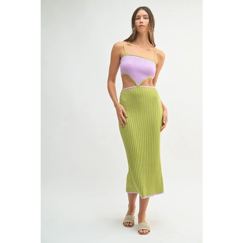 MABLE Ribbed Knit Color Block Cutout Midi Dress for Spring & Summer