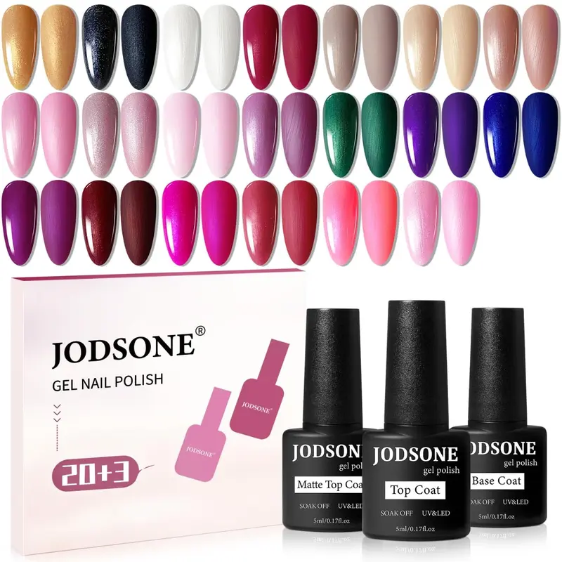 JODSONE 20-Color Glitter Gel Nail Polish Set - 3 No-Wipe Base Coats, Glossy & Matte Top Coats, 20 Kinds of Glitter, Blinged Out Style, 21-Day Long-Lasting Formula, Nail Care Manicure Gift Set for Enthusiasts Home Use