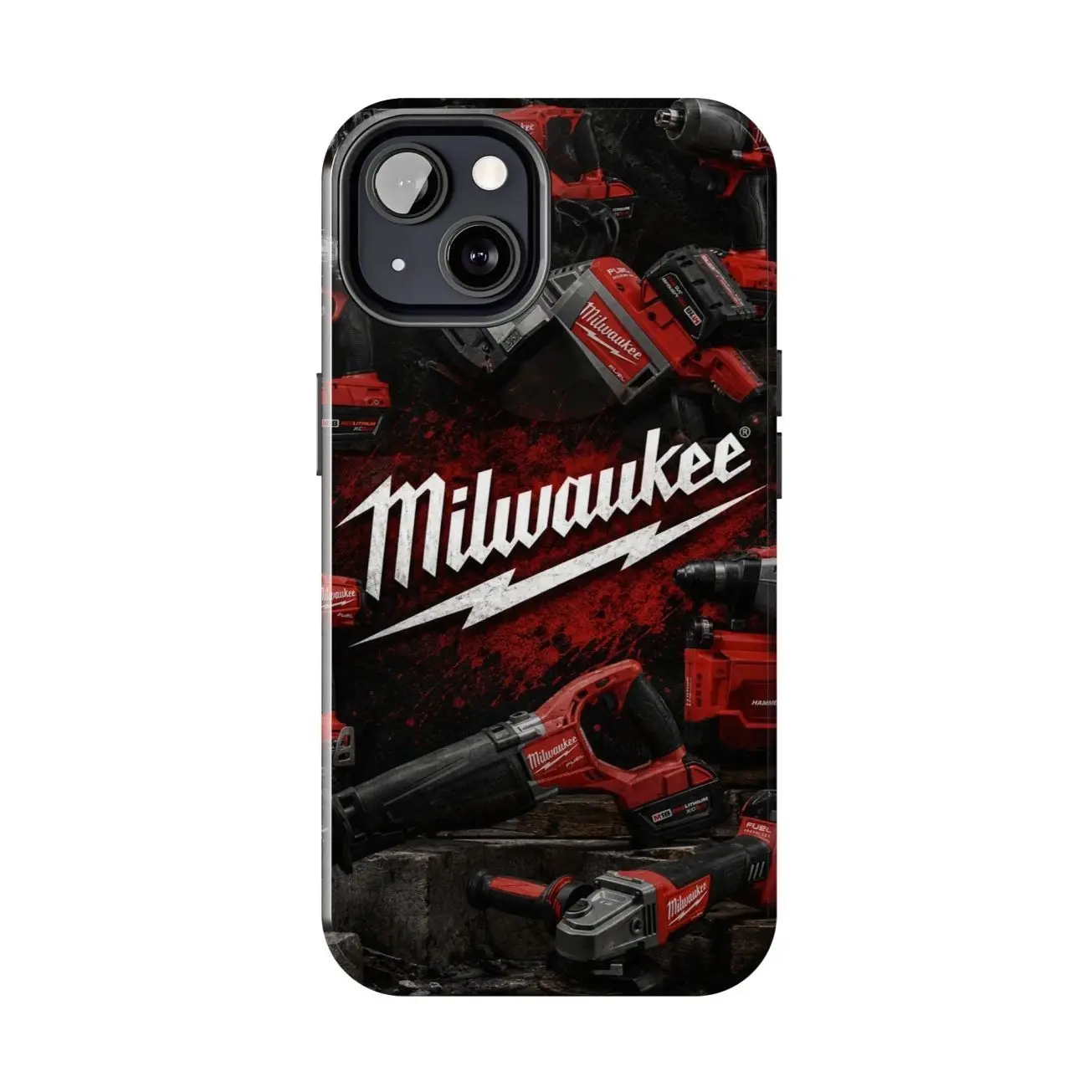 Milwaukee Tools Phone Case, Red Black Power Tool Collage, Mechanic Workshop Tough Protective Case for iPhone 17 16 15 14 Pro Max