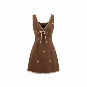 Cider Corduroy Floral V-neck Lace Trim Bowknot Mini Dress