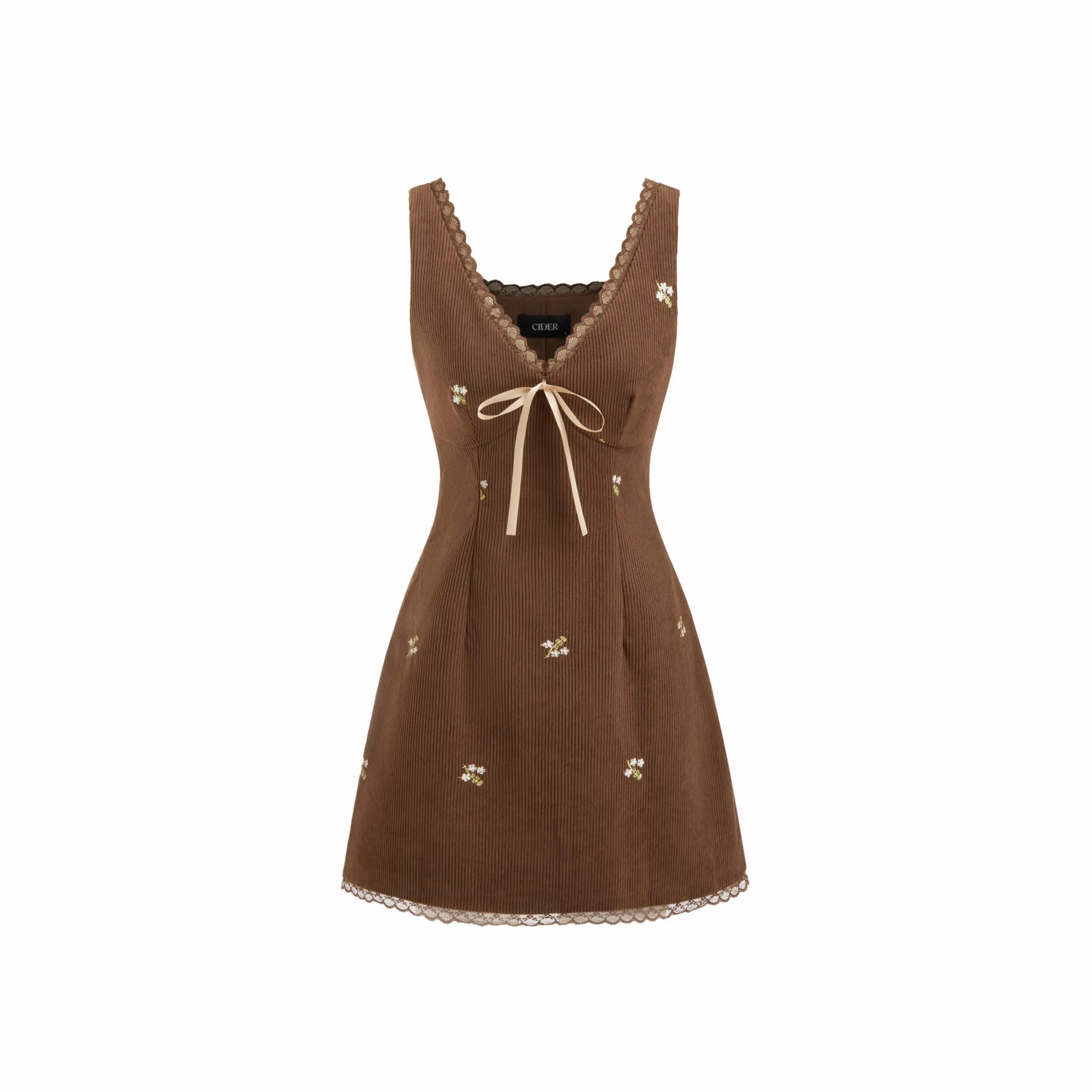 Cider Corduroy Floral V-neck Lace Trim Bowknot Mini Dress SwimWeek - TikTok  Shop