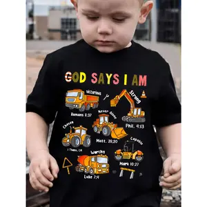 Faithbased Boys' Christian Construction Vehicle T-Shirt |   Bible Verse Tee with Excavator, Truck, Builder Words - Construction Site Birthday Outfit - Religious Kids Clothing
