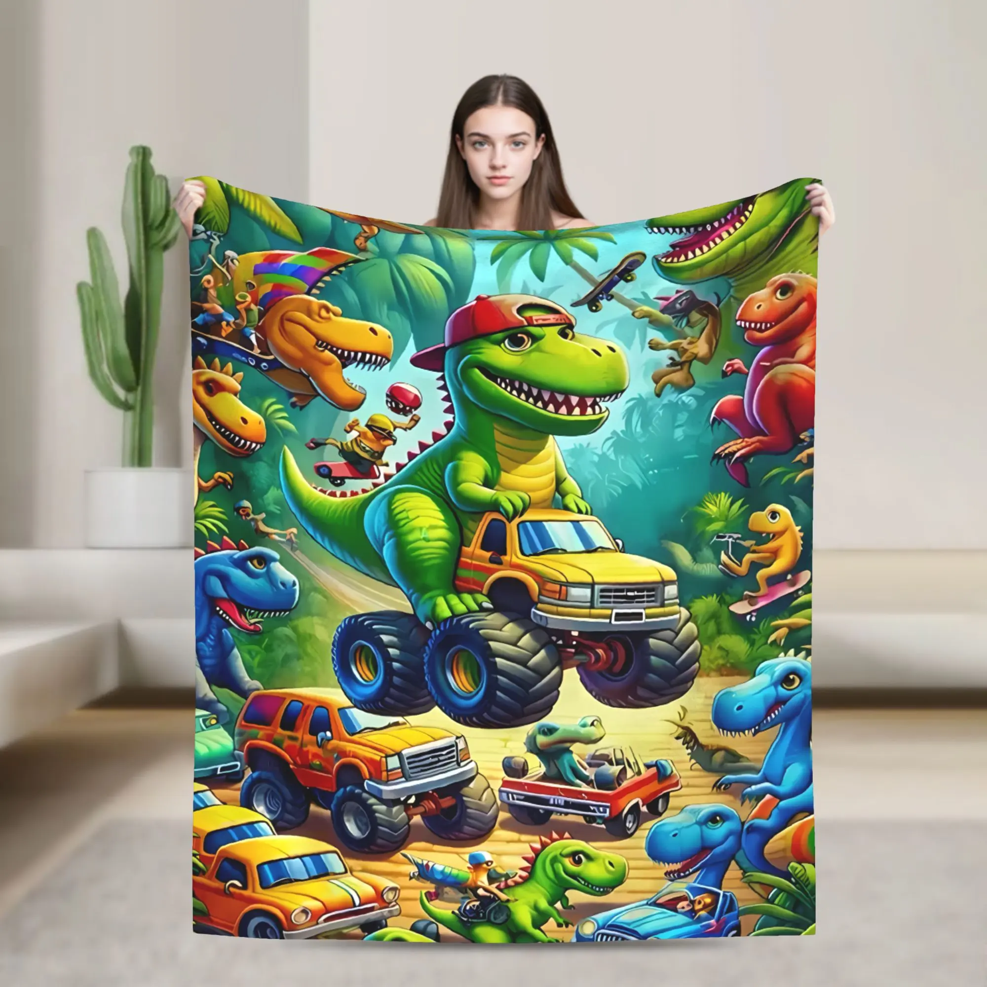 Dinosaur Monster Truck Flannel Fleece Blanket, Cool Cartoon T-Rex Driving Cars Throw Blanket for Bed, Couch, Sofa, Super Soft Lightweight Warm Blanket for Kids and Boys