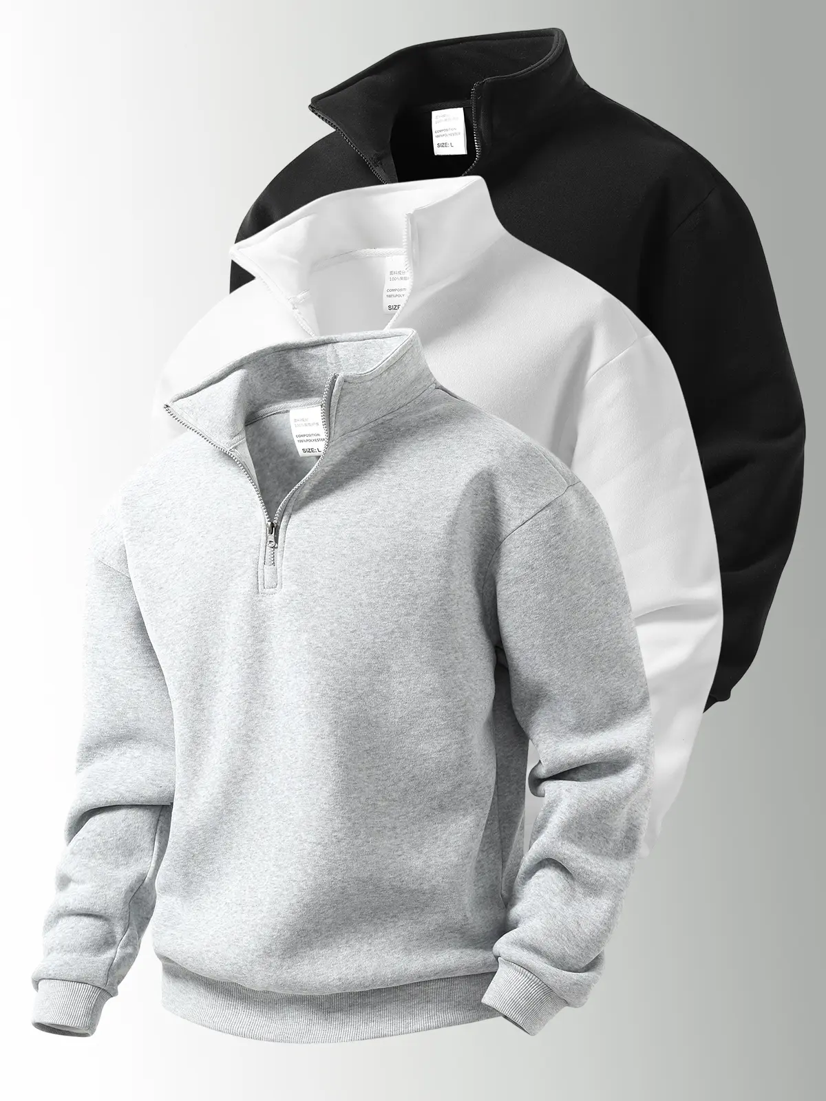 3-pack Men's Quarter Zip Stand Collar Sweatshirt, Solid Color Ribbed Cuff Casual Pullover, Warm Fall Winter Daily Top. Loose fit, quarterzip stand collar design,comfortable,minimalist solid color design,suitable for daily commuting,school,fall new release