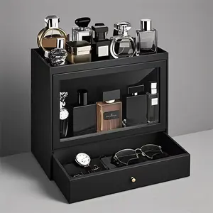 Cologne Organizer for Men, Leather Perfumes Organizer for Men Dresser, Large Capacity Dustproof Cologne Holder with Drawer Storage Perfume Stand Organizer, Gift for Men (Black) Boxes