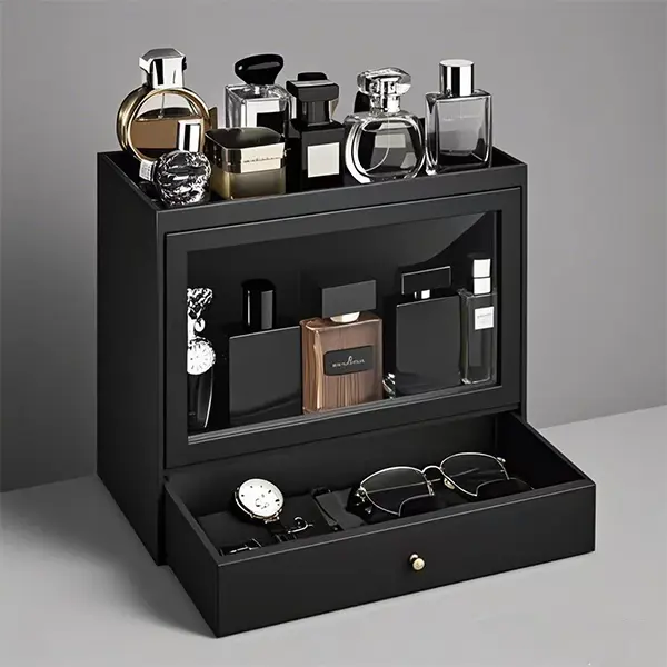 Cologne Organizer for Men, Leather Perfumes Organizer for Men Dresser, Large Capacity Dustproof Cologne Holder with Drawer Storage Perfume Stand Organizer, Gift for Men (Black) Boxes