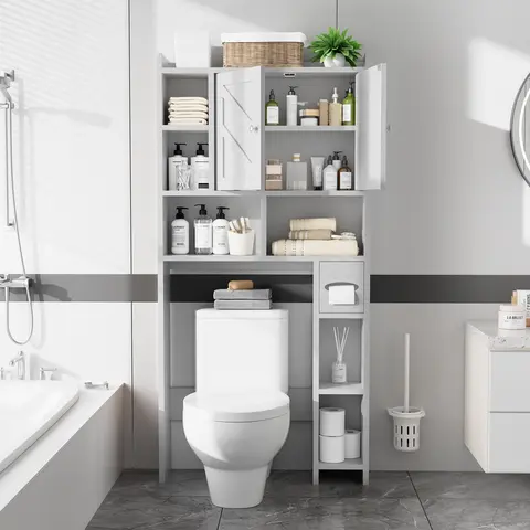 Walsunny Over The Toilet Storage Cabinet, Farmhouse Storage Cabinet with 2 Barn Door & Toilet Paper Holder Stand, Toilet Rack for Bathroom, Laundry Furniture Organizer