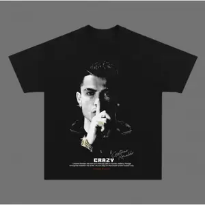 Ronaldo Crazy Vintage Graphic Printed T‑Shirt Retro Acid Snow Wash Oversized Heavyweight Cotton Short Sleeve Top Soccer Football Hip Hop Streetwear Trendy Casual Daily Sports Wear Unisex Fashion Accessories Tee For Men Women Fan Gift