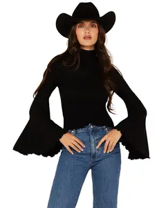 Shyanne Women's Mock Neck Long Bell Sleeve Top - Swho24k45-Blk Shyanne Women's Mock Neck Long Bell Sleeve Top - Swho24k45-Blk