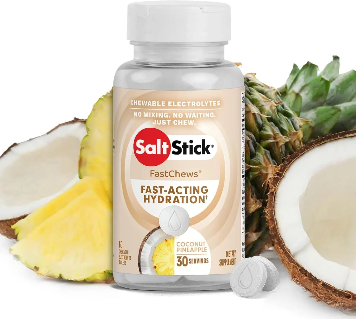 SaltStick Electrolyte FastChews - 60 Count Coconut Pineapple Chewable Tablets - Salt Tablets for Running and Hydration, Electrolyte Chews