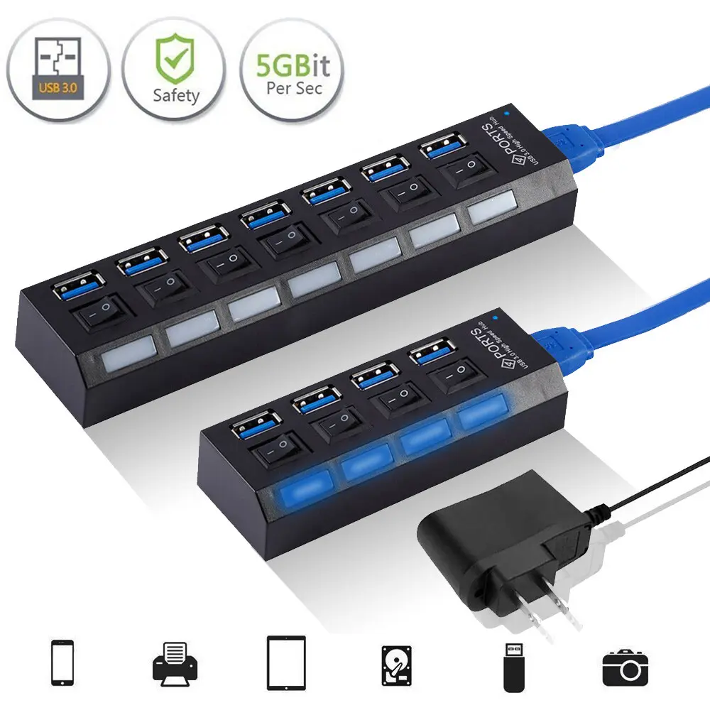 HOMEYA 4/7 Ports USB 3.0 Hub Splitter fits for Laptop PC PS4,Pro,Slim,Xbox, High Speed Splitter Expension with ON/OFF Switch Adapter