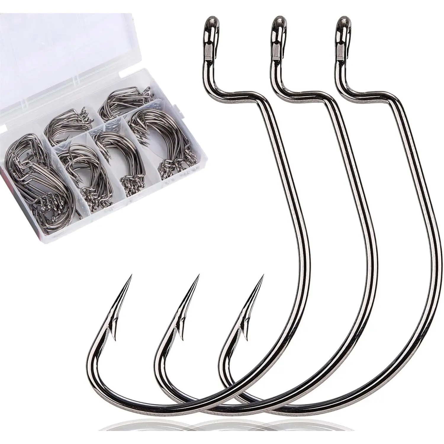 120pcs Assorted Bass Fishing Hooks Multipack, High-Carbon Steel Offset Wide Gap Worm Hooks, 6 Sizes (#1-5/0), Anti-Snagging for Saltwater & Freshwater, Accessories, Improve Strike-To-Hook-Up Ratios