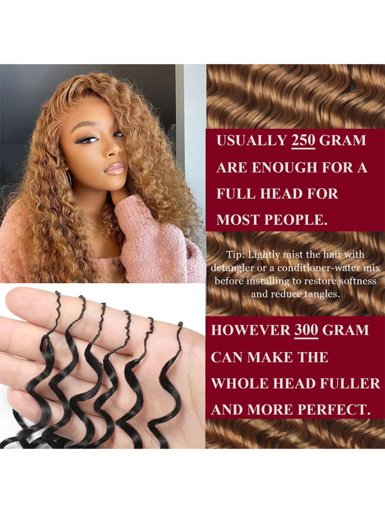 16 Inch Brazilian Virgin Deep Curly Crochet Hair Extensions, 60g Knotless Blonde Hair Extensions Fullness Deep Wave Curly Wavy  main image 2