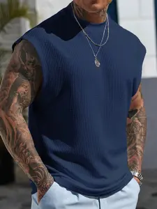 Men's Soft Waffle Knit Vest Top, Sleeveless Mock Neck Design, Sporty Style, Long Slim-Fitting, Ideal for Sports and Daily Wear
