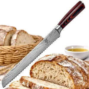 Premium 10-inch Serrated Bread Knife | Razor Sharp Cutter for Homemade Bread, Sourdough & Cake | Elegant Kitchen Essential for Effortless Slicing, Damascus Steel Lasered Pattern | Kitchen Gifts