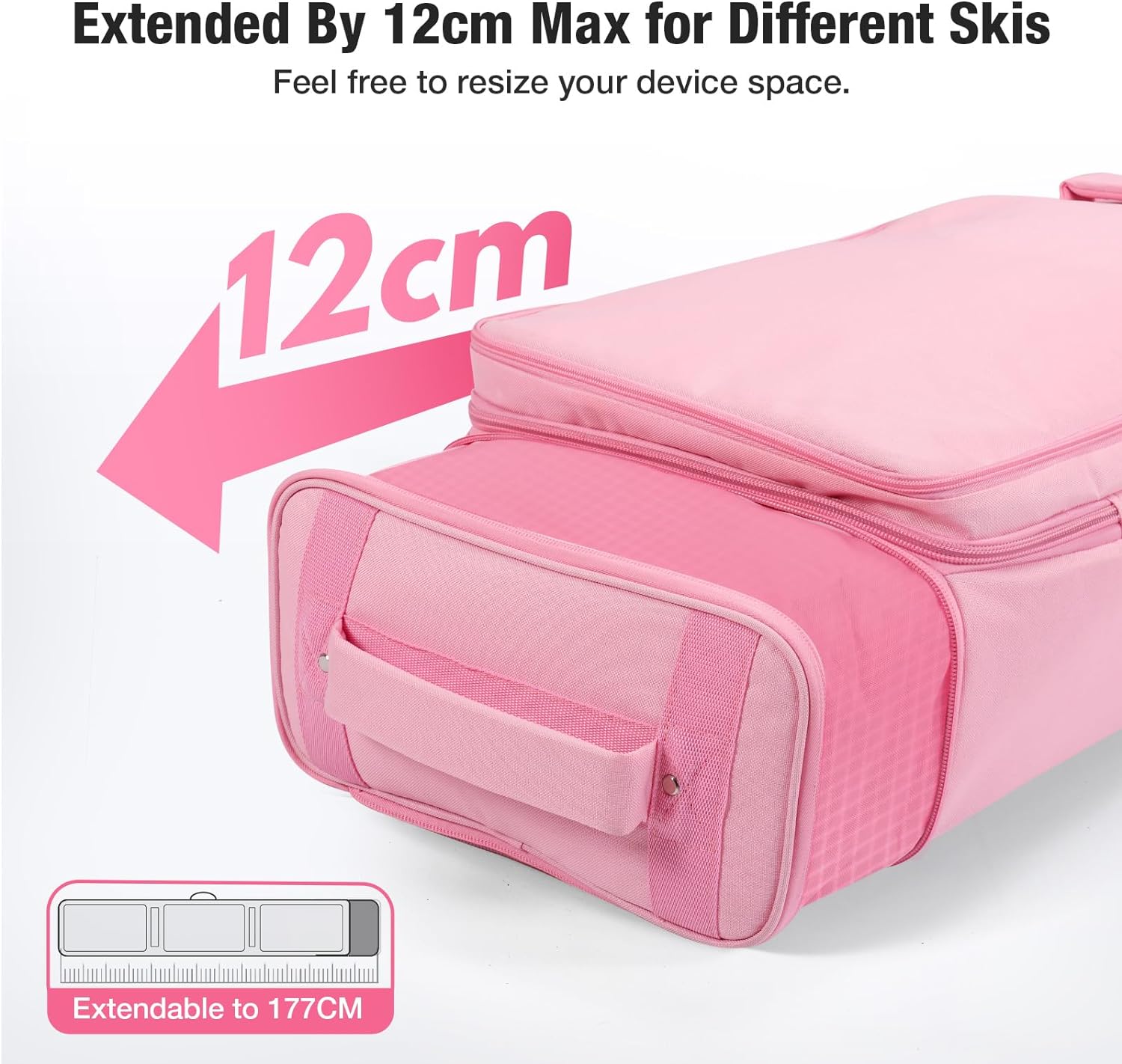 Rolling Ski Bags with Wheel, 155cm-175cm Padded Waterproof Snowboard Bag for Air Travel, Fits Single Ski & Skis with 3 Separation Storage, Unisex Adjustable Length, Pink