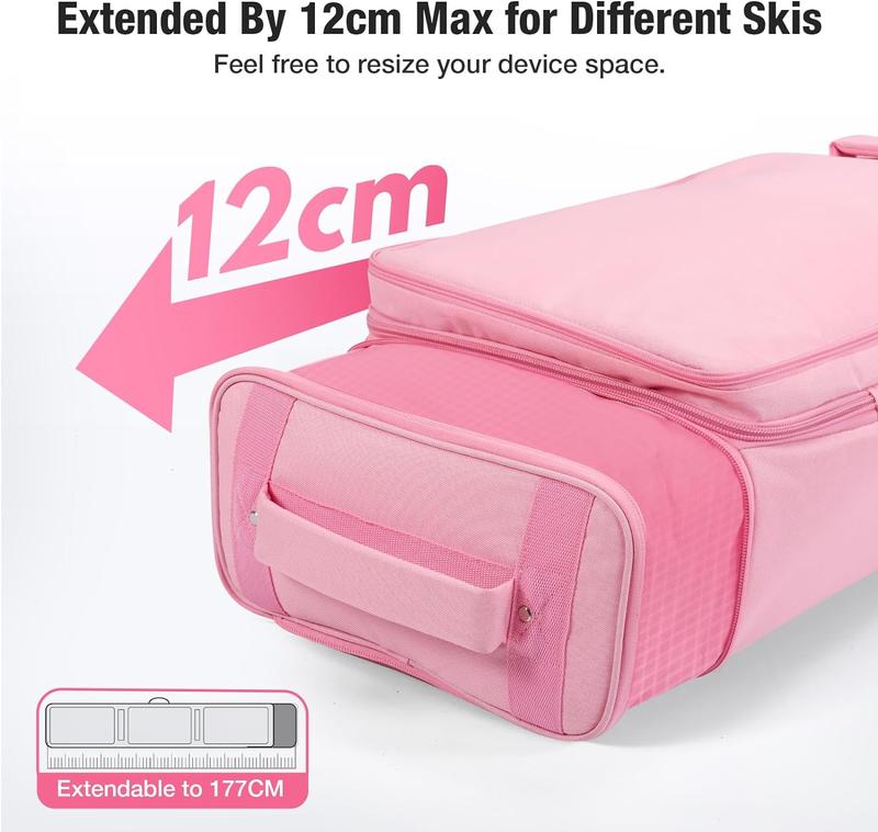 Rolling Ski Bags with Wheel, 155cm-175cm Padded Waterproof Snowboard Bag for Air Travel, Fits Single Ski & Skis with 3 Separation Storage, Unisex Adjustable Length, Pink