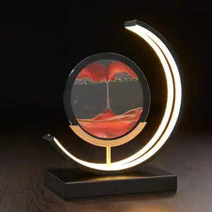 3D Moving Sand Art Desk Lamp, Circular Deep Sea Sandscape in Motion Display, Crescent Moon LED Night Light, Quicksand Hourglass Table Lamp for Bedroom Office Home Decor, Creative Birthday Gift (Red Sand)