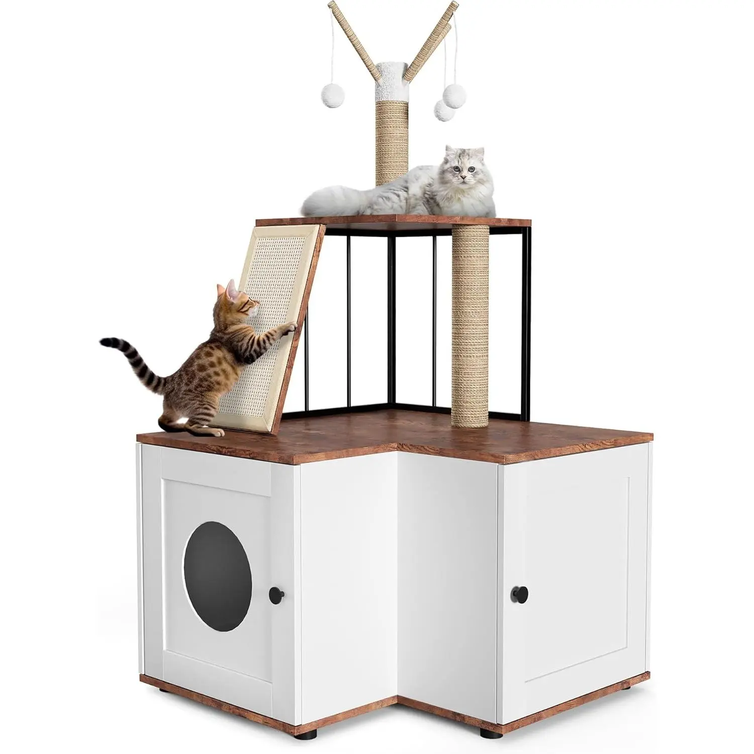 GAOMON Litter Box Furniture - L-Shaped Front Entry Co-Living Cabinet with Scratching Post, Wooden Cat Tower, Concealed Storage, Matte Finish, Sculptural Clean Lines, Anti-Tip Hardware, Compact Footprint for Cat Instinctual Wellness, White, Studio Apartmen