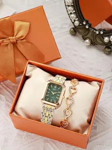 2-piece set of trendy square ladies' watches, gold ladies' watches with steel band ladies' wristwatch set, Watch Bracelet Set