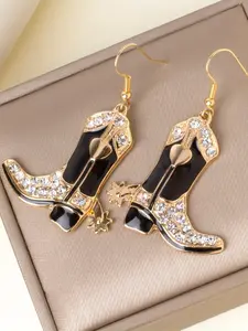 Vintage Oil-Drop Rhinestone Decorated Bling Western Cowboy Boot Earrings, Creative Design Women Party Personalized Earrings, Unique Fashion Jewelry