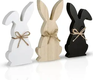 Easter Decorations for The Home, 3 pcs Easter Bunny Wooden Table Centerpiece Signs Easter Decor Rustic Tiered Tray Decor Farmhouse Decor for Easter Gifts, Black, White, Natural Wood Color