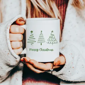 Merry Christmas Mug, Doodle Christmas Trees Mugs, Cute Christmas Mug, Custom Christmas Mug
