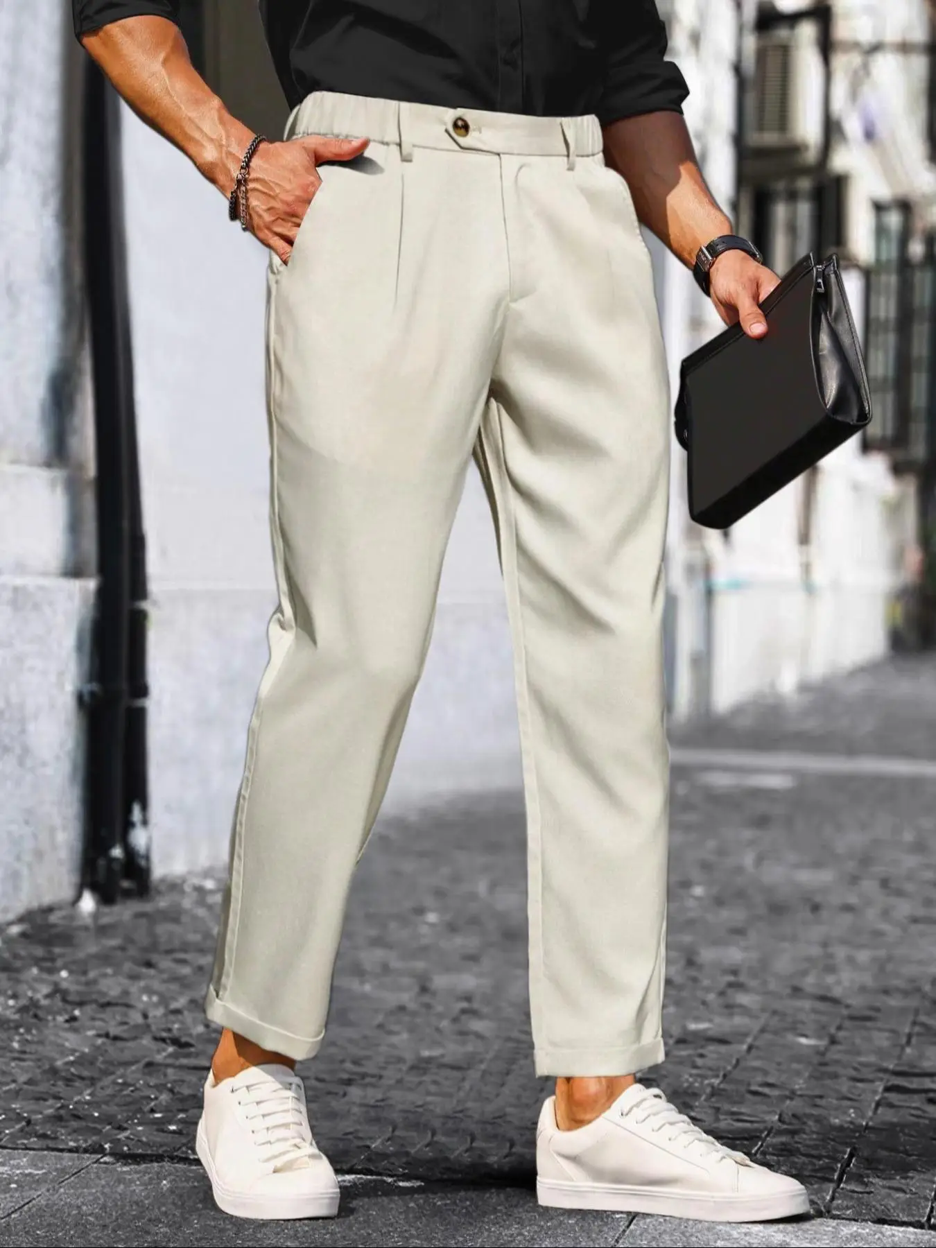 Men's Solid Button Fly Straight Leg Pants, Loose Casual Comfy Pocket Trousers for Work Office Business Daily Wear, Men's Bottoms for All Seasons