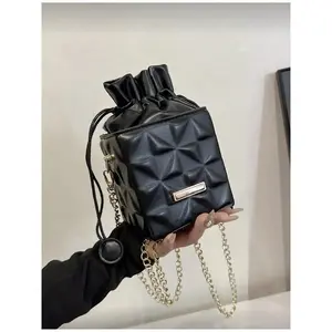 Women Drawstring Closure Square Mini Chain Crossbody Bag