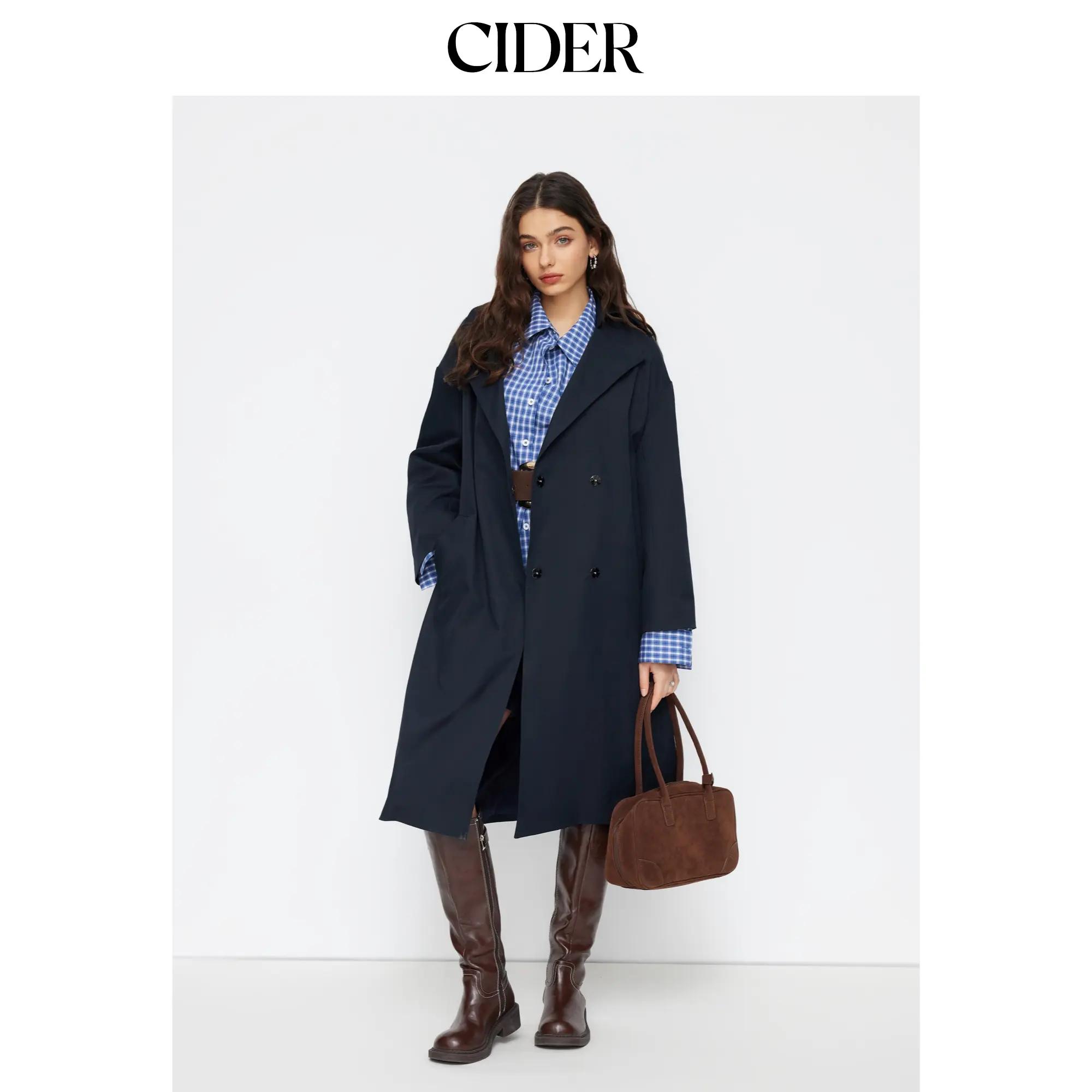 Cider Collar Long Sleeve Wrap Oversized Longline Trench Coat With Belt, Tops, Jackets, Longsleeves, Outerwear, Lady, Women, Belted, S, Button