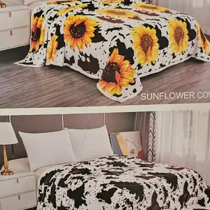 Sunflower-Cow Moo King Size Blanket 2PLY Soft Comfortable 100% Polyester Microfiber Machine Washable Tumble Dry Low Heat