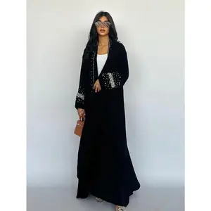 Arabian Style Muslim Women'S Long Dress with Rhinestone Embellishments, Solid Color Polyester Abaya with Hood, All-Season Woven Robe, 200gsm Fabric Weight
