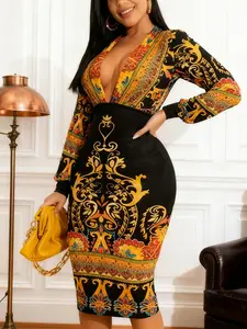 Women's V-Neck Long Sleeve Dress, M3103 Fashion Fall Winter A-Line Midi Skirt, Casual Formal Party Evening Wear, Versatile & Stylish