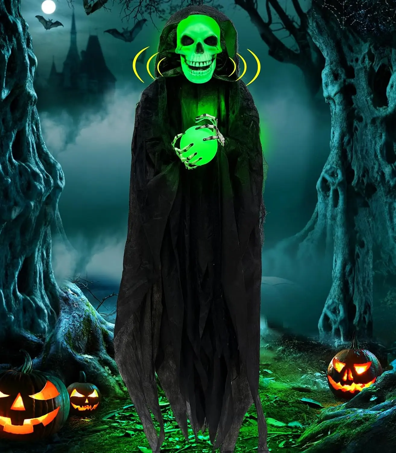 65" Halloween Animatronic Grim Reaper Decorations Outdoor | Sound Activated, Hanging Skeleton, LED Crystal Ball, Flashing Green Light, Creepy Sounds, Haunted House/Yard Decor