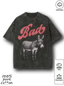 valentine shirts Retro washed couple T-shirt | Donkey text printed round neck short sleeved regular length trendy and fun style