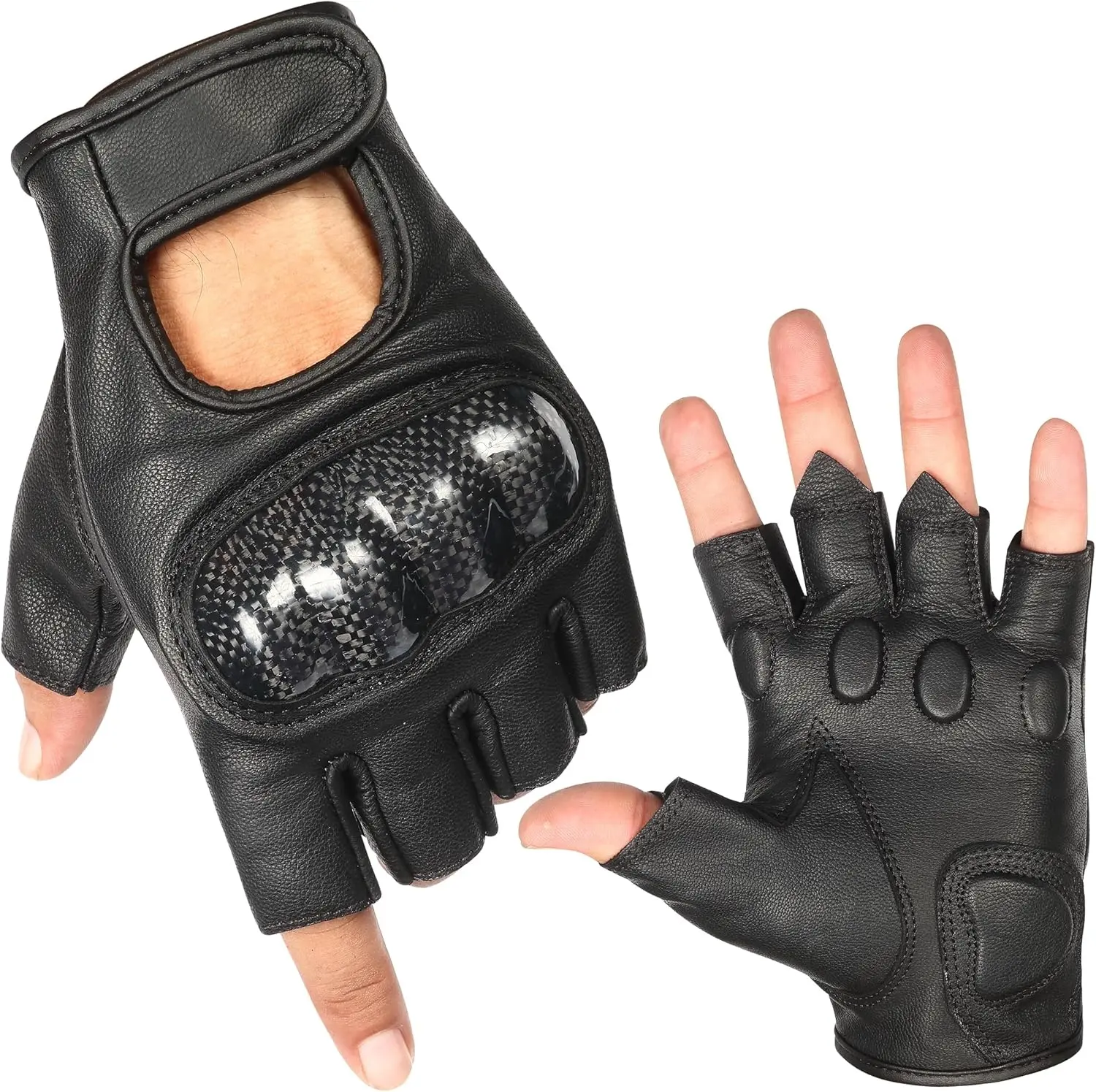 Rothco Men's Leather Motorcycle Fingerless Carbon Hard Knuckle Gloves - Black MC60301
