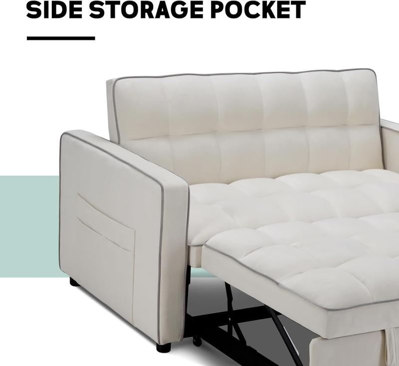 EBELLO 3-in-1 Convertible Velvet Sleeper Sofa Bed | Modern Loveseat Futon with Side Storage Pockets for Small Space, Grey&White | Christmas Gift
