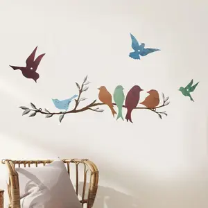 4PCS Metal Bird Wall Art Birds on the Branch Decor Metal Sculpture Silhouette Ornament Branch Wall Hanging Sign for Balcony Garden Home Decor(Cute Colors)