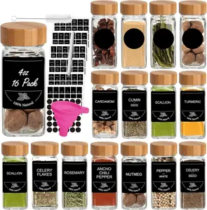 4oz Spice Jars with Bamboo Lids, 16pcs Glass Spice Jars with Labels, Seasoning Container with Shaker Lids, Chalk Pen, Funnel and Brush
