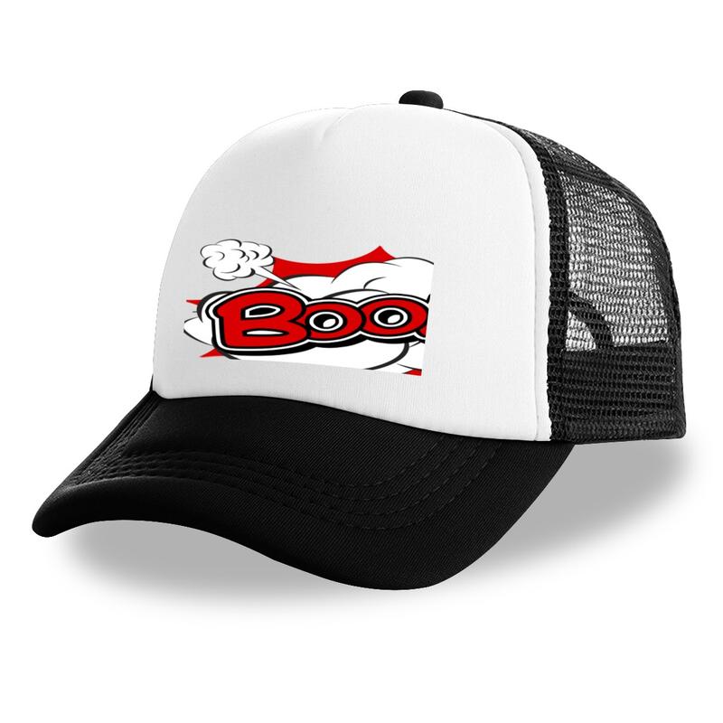 Unisex Retro Cartoon Boom Print Polyester Trucker Hat - Red White, Breathable Mesh Back, Adjustable Fashion Graphic Baseball Cap for Casual Daily Outdoor Use #sohochic