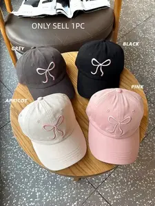 Women's Fashion Wide Brim Sun Protection Baseball Cap, Vintage Embroidered Letter Design, Cute Bow Hat, Casual Sporty Style