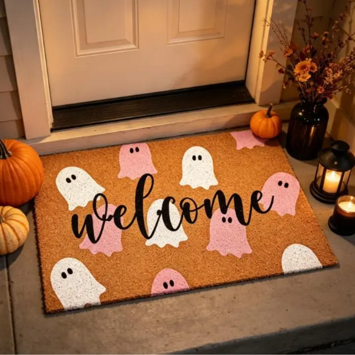 Halloween Door Mat Outdoor Layerd Ghost Welcome Mat Cute Ghost Welcome Mat with Black and White Striped Rugs Non Slip Washable Halloween Decoration for Front Porch Entrance