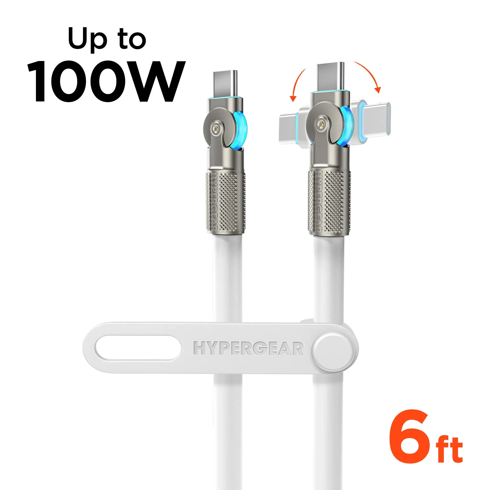 100W USB Type-C to USB-C Rugged Thick Fast Charging Cable, Zinc Alloy with E-Marker Chip, 180° Rotatable Tips, LED Rim Lighting, 6 ft Long Cable for Smartphones, Default Charging Support (Not Sure Compatibility Note)
