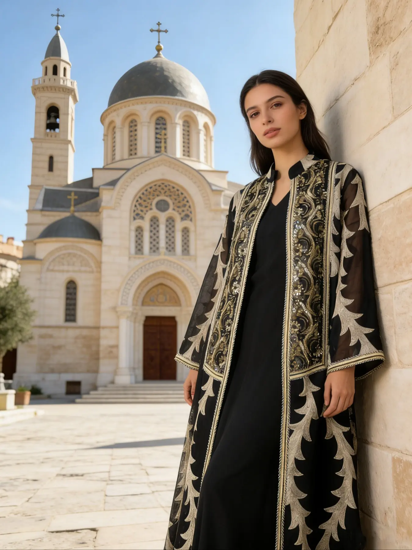 Women's Ethnic Embroidered Mesh Two-Piece Set, Elegant Loose Fit Abaya Long Robe for Spring & Fall, Muslim Middle East Islamic Style