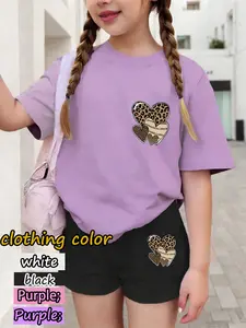 Girls' Fun Dual Print Set, Chest Pants Multi-Layer Leopard Stripe Heart Design, Leopard Patterns, Short Sleeve Shorts, Premium Fabric, Fashion Versatile Style