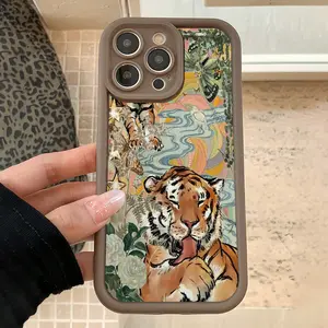 Brown Fashion Tiger Print Creative TPU Case for iPhone 17 Pro Max 16 16e 15 14 Plus 13 12 Mini 11 Air X XS Straight Edge Drop-Resistant Rugged Durable Cover Shell Valentine's Day Gift 2D printing