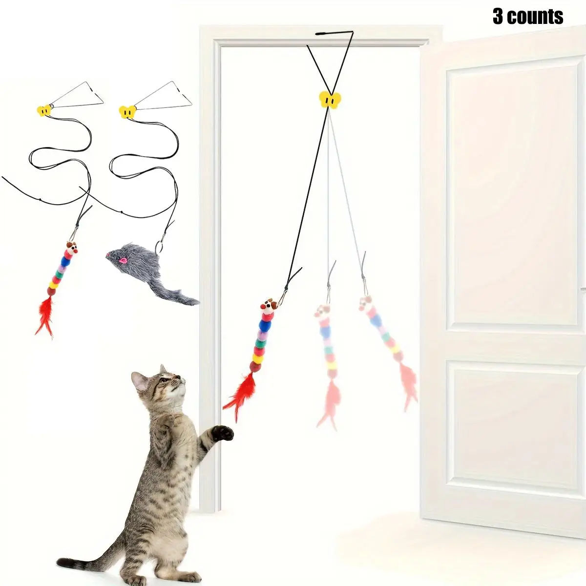 Adjustable Hanging Cat Teaser Toy, 3 Counts Colorful Caterpillar & Mouse Pendants Cat Teaser Stick, Indoor Cats Entertainment Accessories