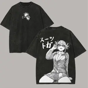 Anime My Hero Academia Toga Himiko T-shirt Men's Unisex Clothing Vintage Washed Oversized T Shirt Short Sleeve Cotton Tees Tops