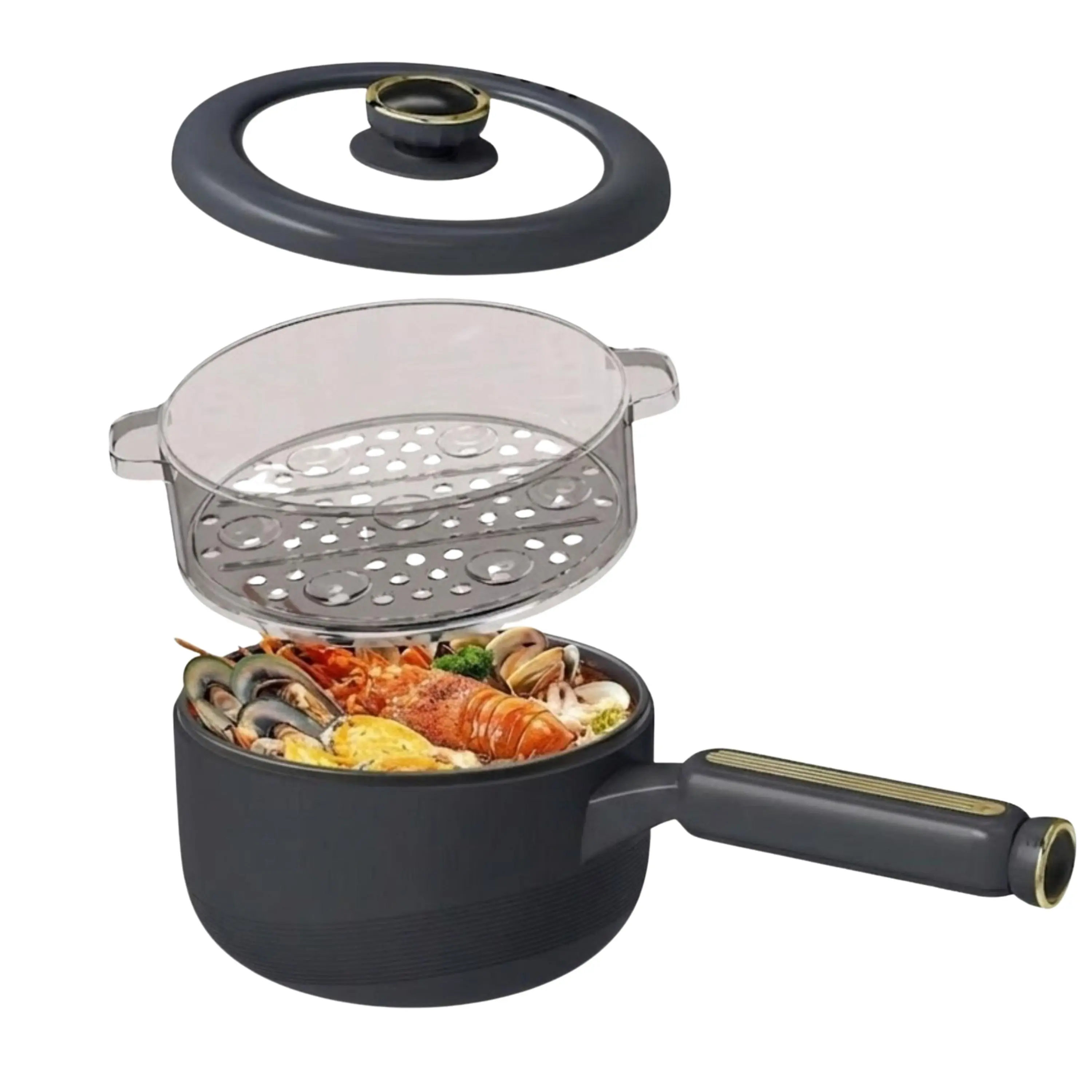2L Hot Pot Electric with Steamer, Multifunctional Electric Cooker, Non-Stick Sauté Pan, Portable Pot for Steak, Fried Rice, Ramen, Soup with Dual Power Control (Spatula Not Included), Gift For DAUGHTER Grey