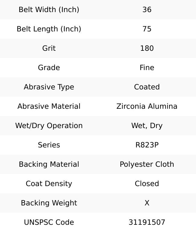 Norton 36" Wide x 75" OAL, 180 Grit, Zirconia Alumina Abrasive Belt Zirconia Alumina, Very Fine, Coated, X Weighted Cloth Backing, Wet/Dry, Series R823 69957344869